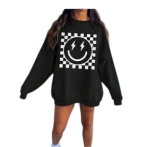 NEW Black Smiley Face Checkered Women's Fleece Pull Over Sweatshirt.